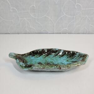 VINTAGE Accolay Potter Art Dish 6" Turquoise Leaf Ceramic France Signed Trinket